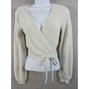 Hollister M Tie Wrap Eyelash Crop Sweater Cream Boho Retro Y2K Plush Coquette